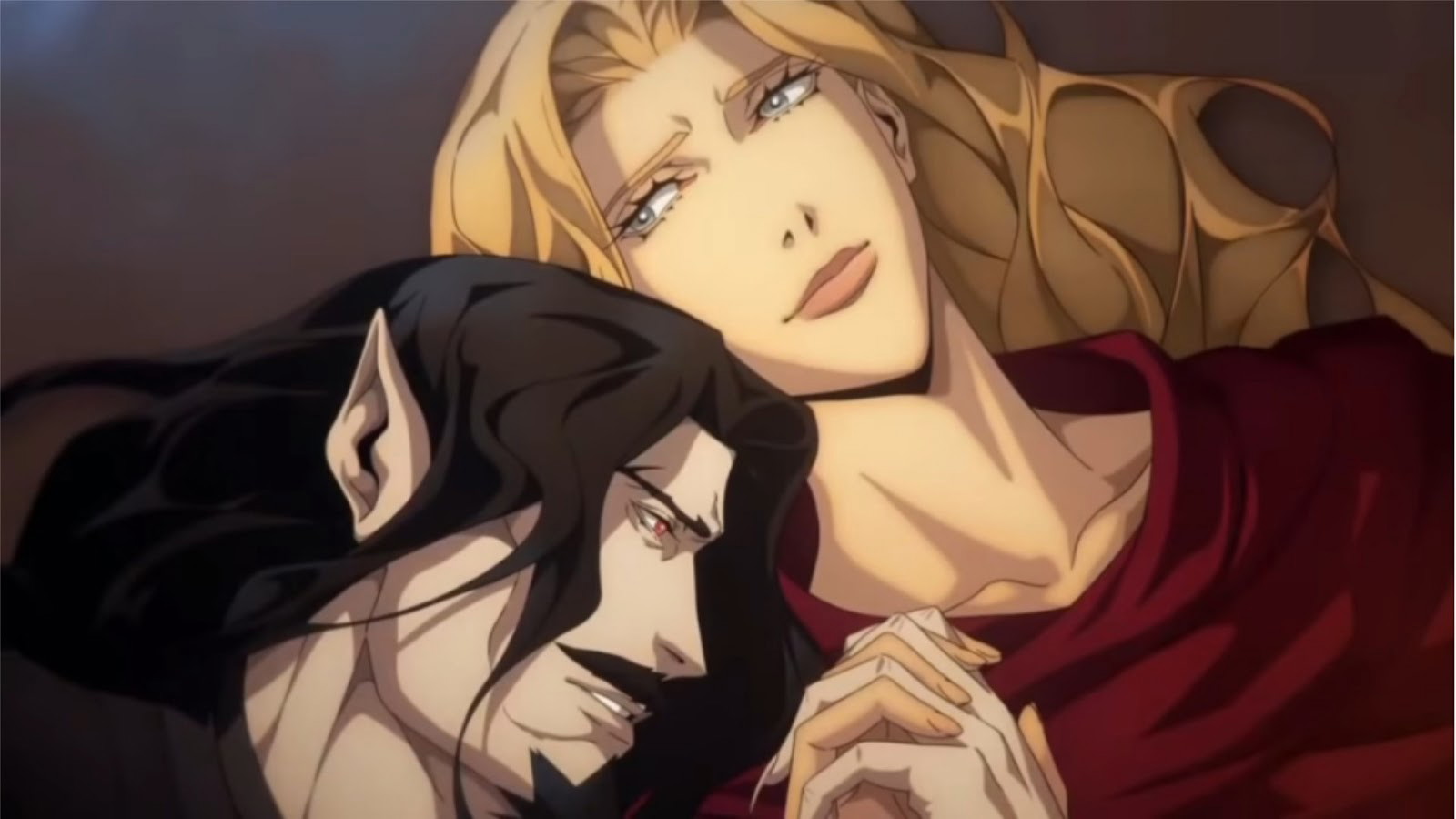 Dracula is resting on Lisa’s shoulder while holding hands with her in Castlevania