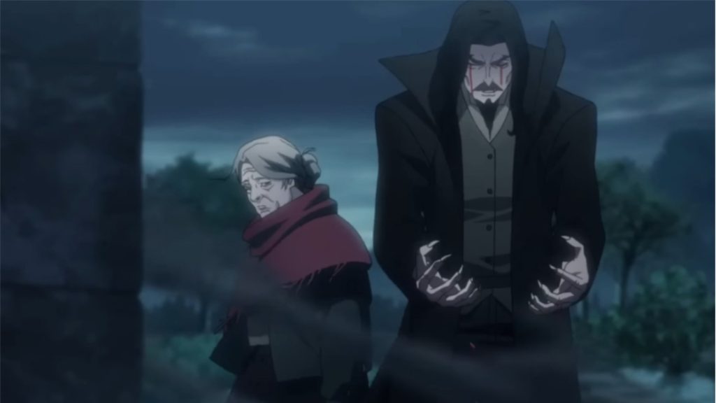 Dracula is looking at his hands while an old lady stands behind him in Castlevania 