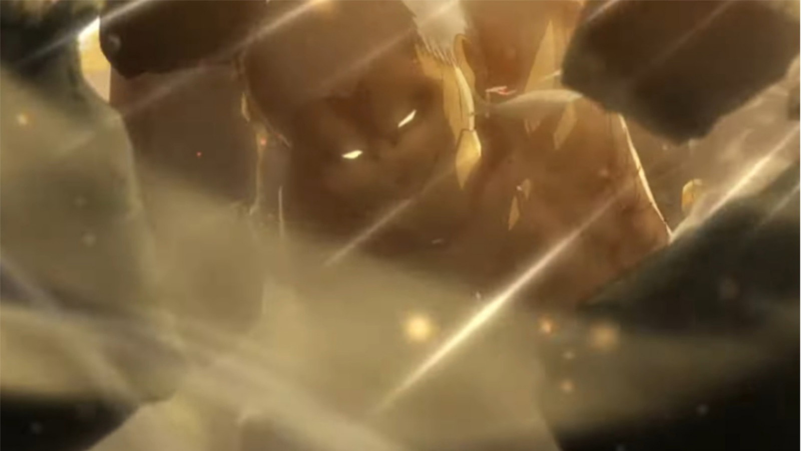 There are debris and smoke around Reiner’s Armored Titan in Attack on Titan anime