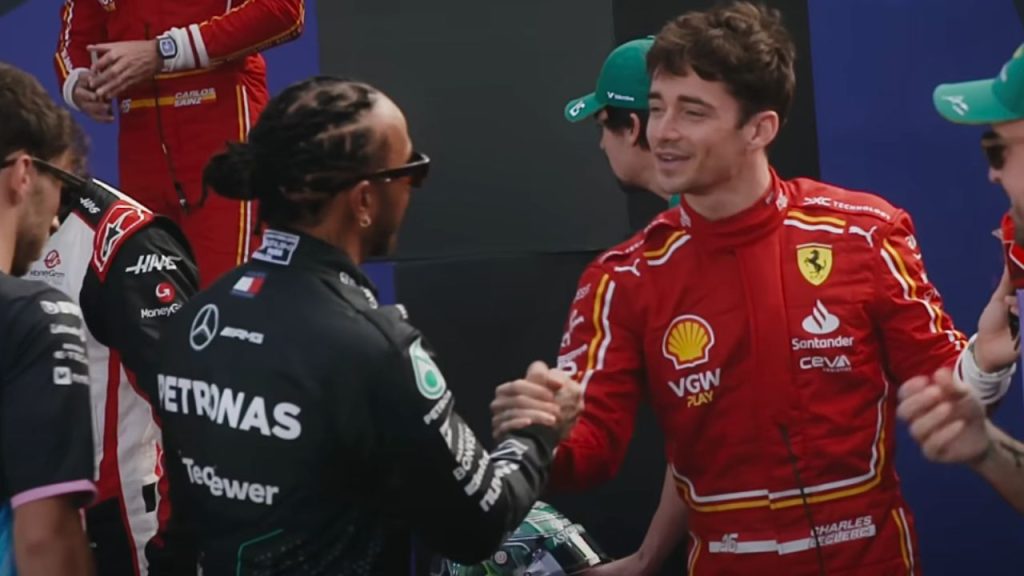 Lewis Hamilton and Charles Leclerc shaking hands in Formula 1: Drive to Survive