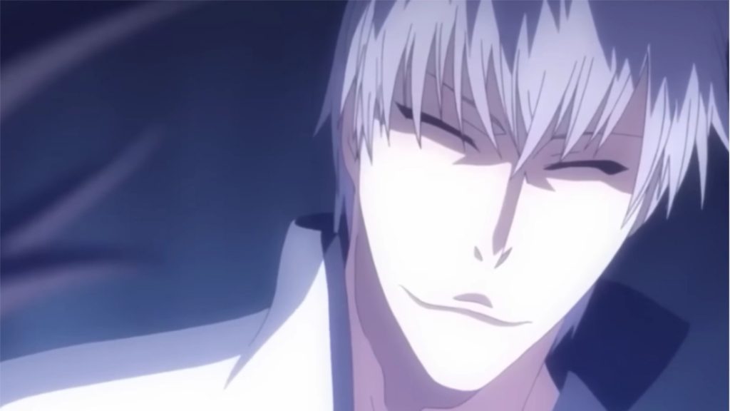 Gin Ichimaru’s eyes are squinted in a still from Tite Kubo’s Bleach