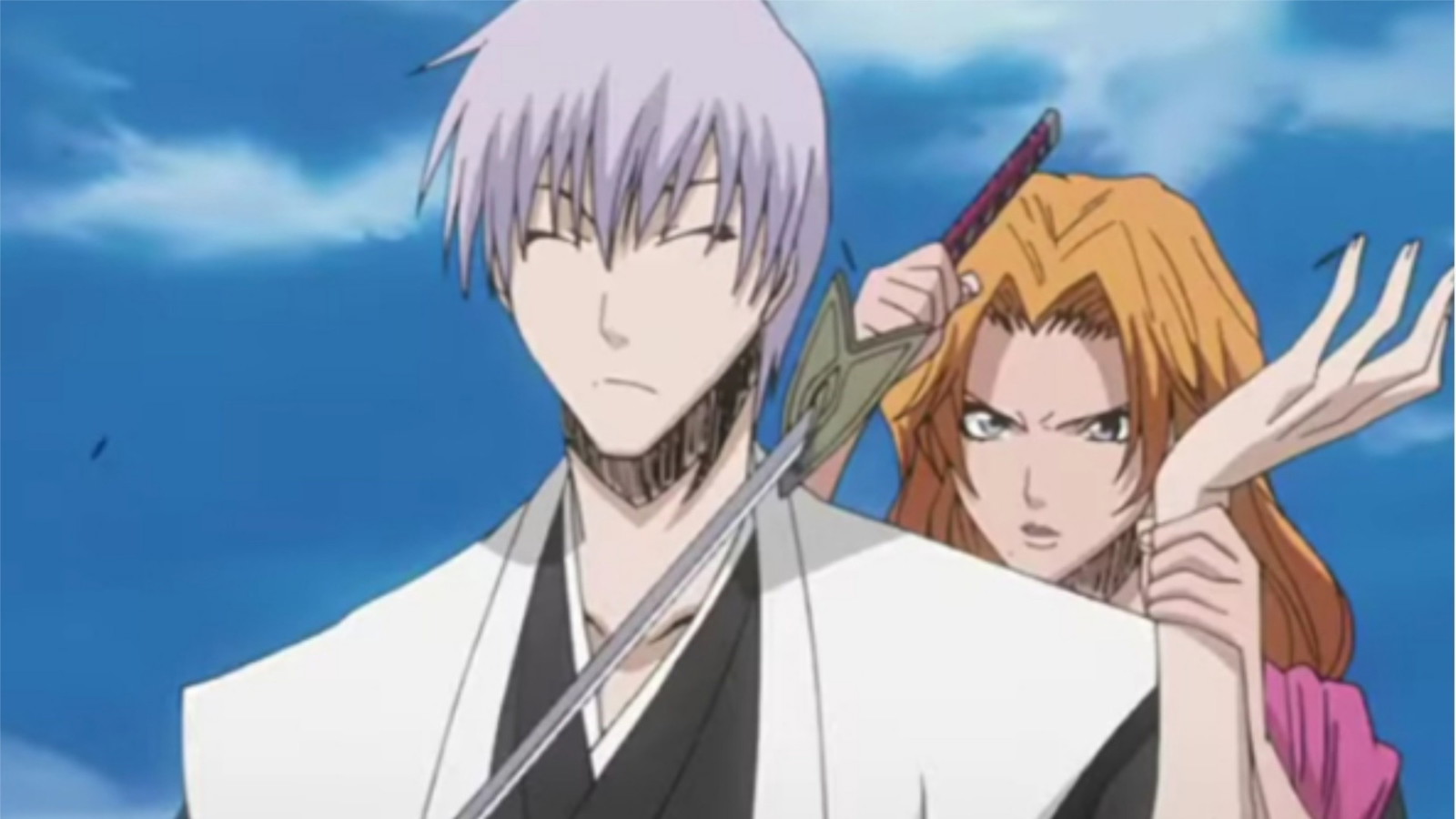 The picture shows Rangiku sneaking up behind Gin in Bleach anime