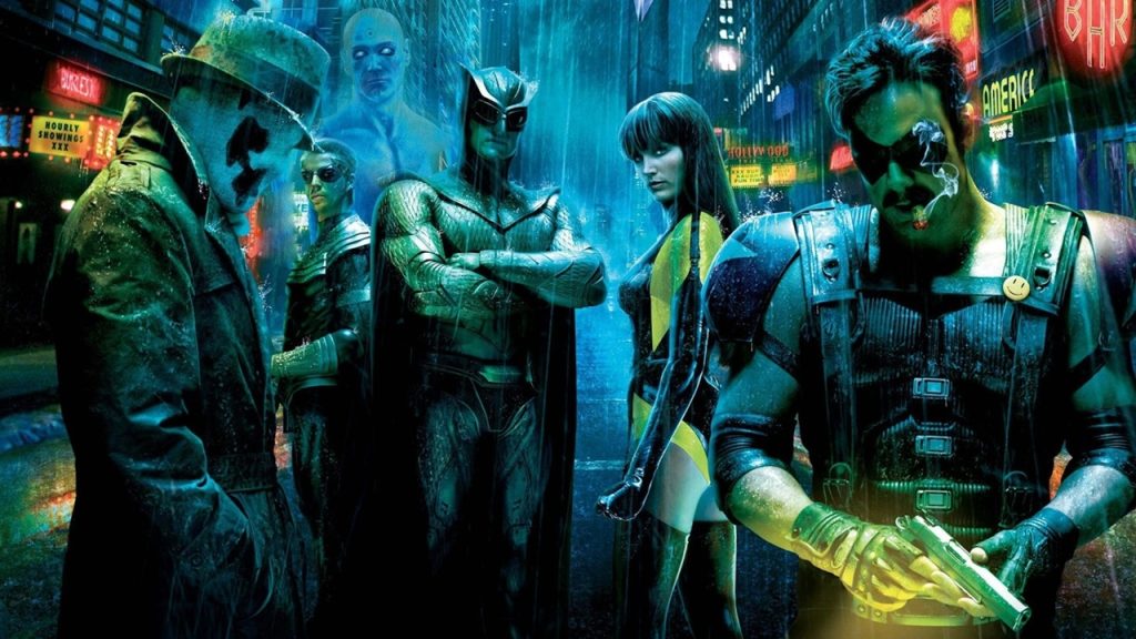 Key art for Zack Snyder's Watchmen, featuring six characters from the 2009 superhero movie.