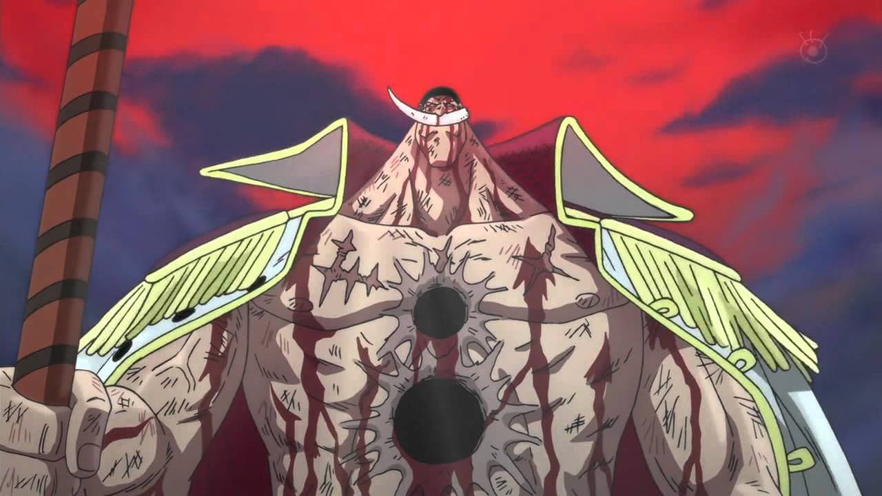 Whitebeard is still standing, even when he's dead, in One Piece. 