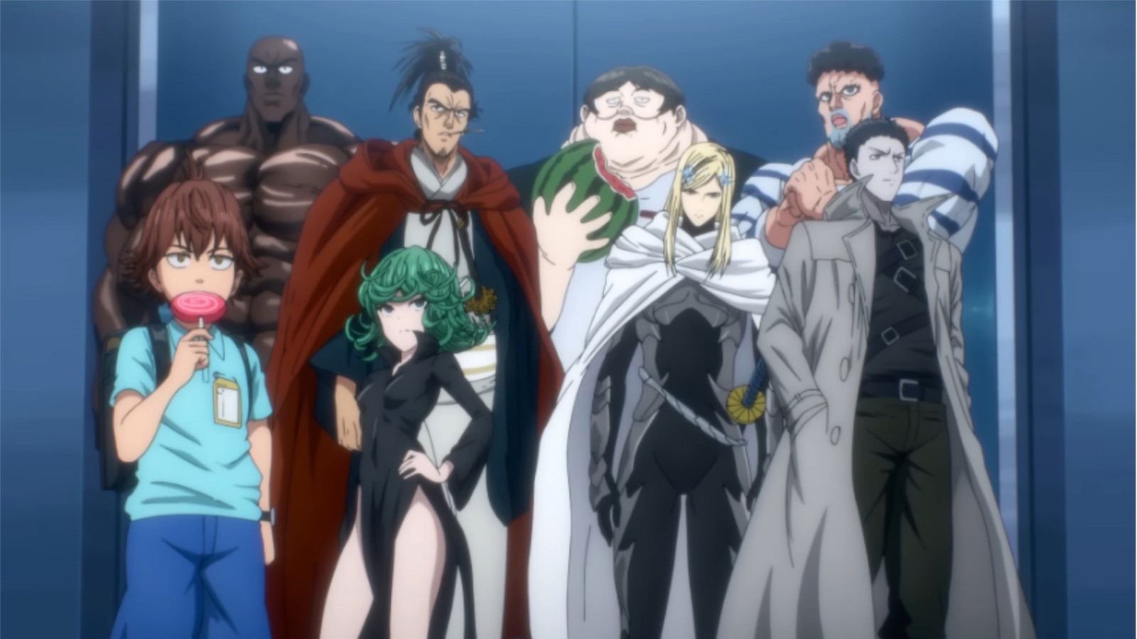 The pro heroes are standing together in a still from One Punch Man season 3