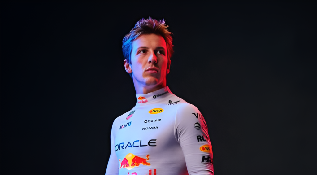 A close-up dramatic portrait of Liam Lawson in a white Red Bull racing suit with team sponsor logos against a dark background, illuminated with blue and red lighting.