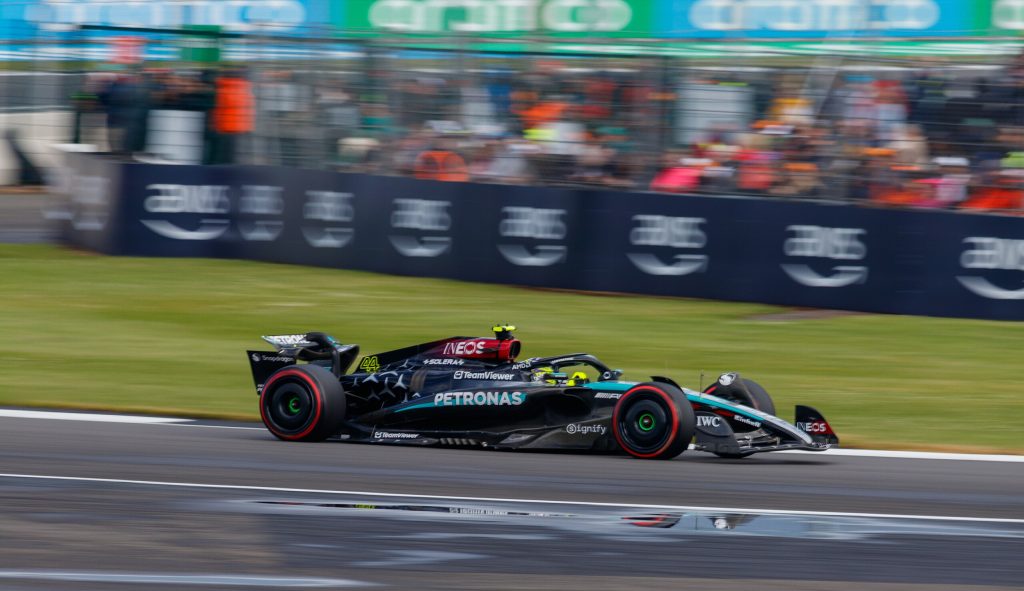 Lewis Hamilton races for Mercedes in the 2024 British Grand Prix in Silverstone [Photo by Jen Ross, licensed under CC BY 2.0 via Wikimedia Commons]