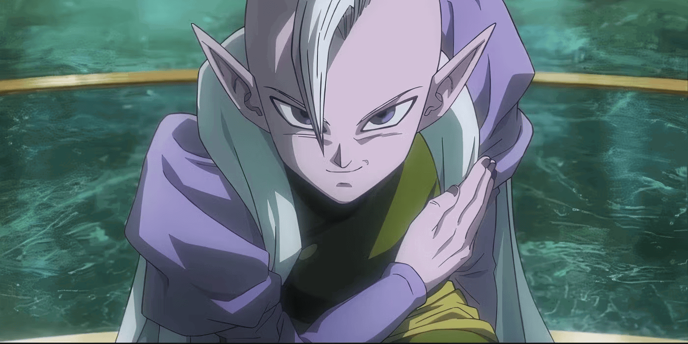 Degesu looking devious while bowing with a hand over his heart in Dragon Ball DAIMA. 