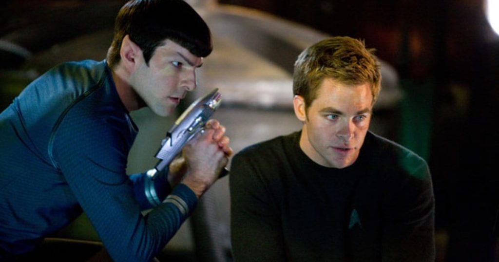 A still of Spock and Captain Kirk from Star Trek