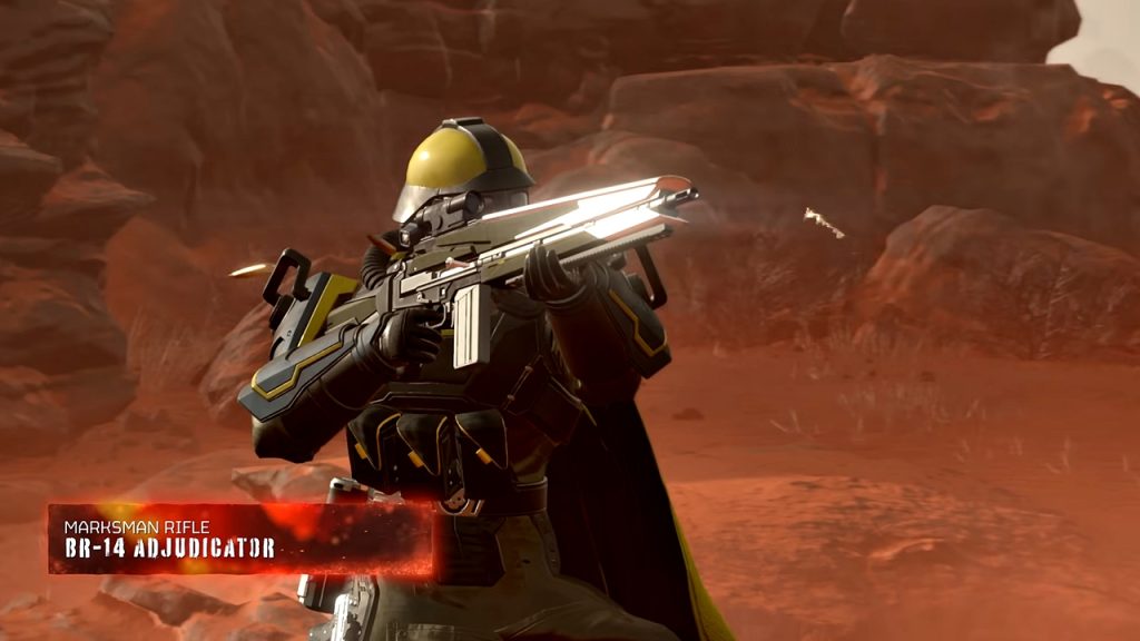 Helldivers 2 trailer screenshot featuring the BR-14 Adjuticator Assault Rifle.