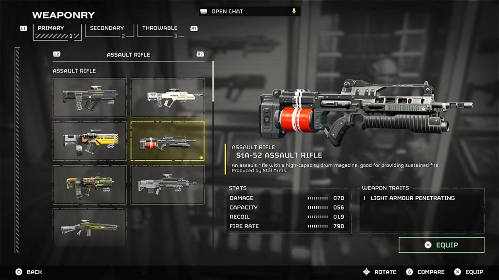 Helldivers 2 in-game screenshot featuring the StA-52 Assault Rifle stats.