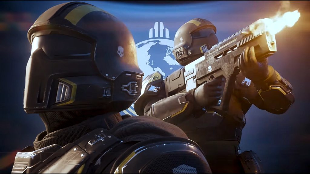 Cinematic Helldivers 2 scene featuring a Helldiver firing their Assault Rifle. 