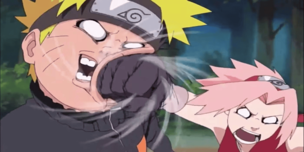 Sakura punches Naruto in Naruto.