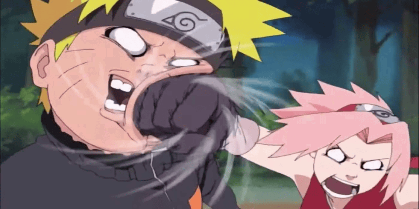 Sakura punches Naruto in Naruto. 