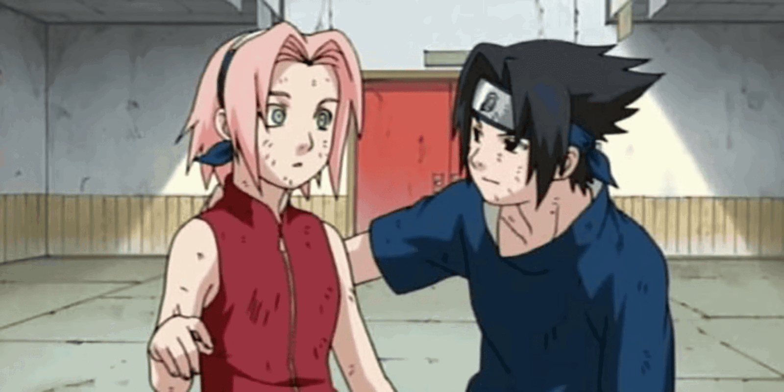 Sakura and Sasuke during the Chunin Exams in Naruto. 