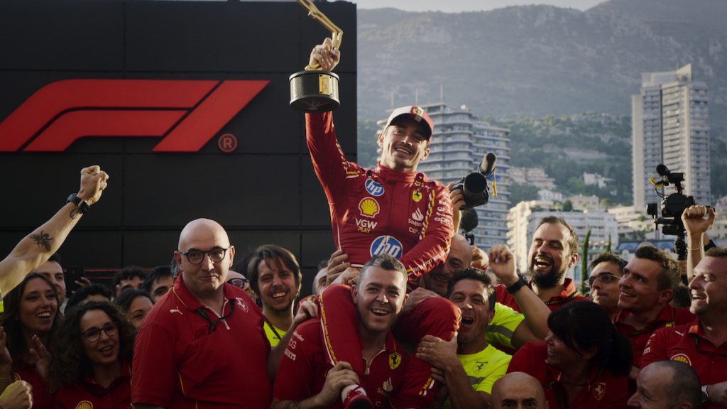 Charles Leclerc celebrates his historic win at Monaco in 2024.