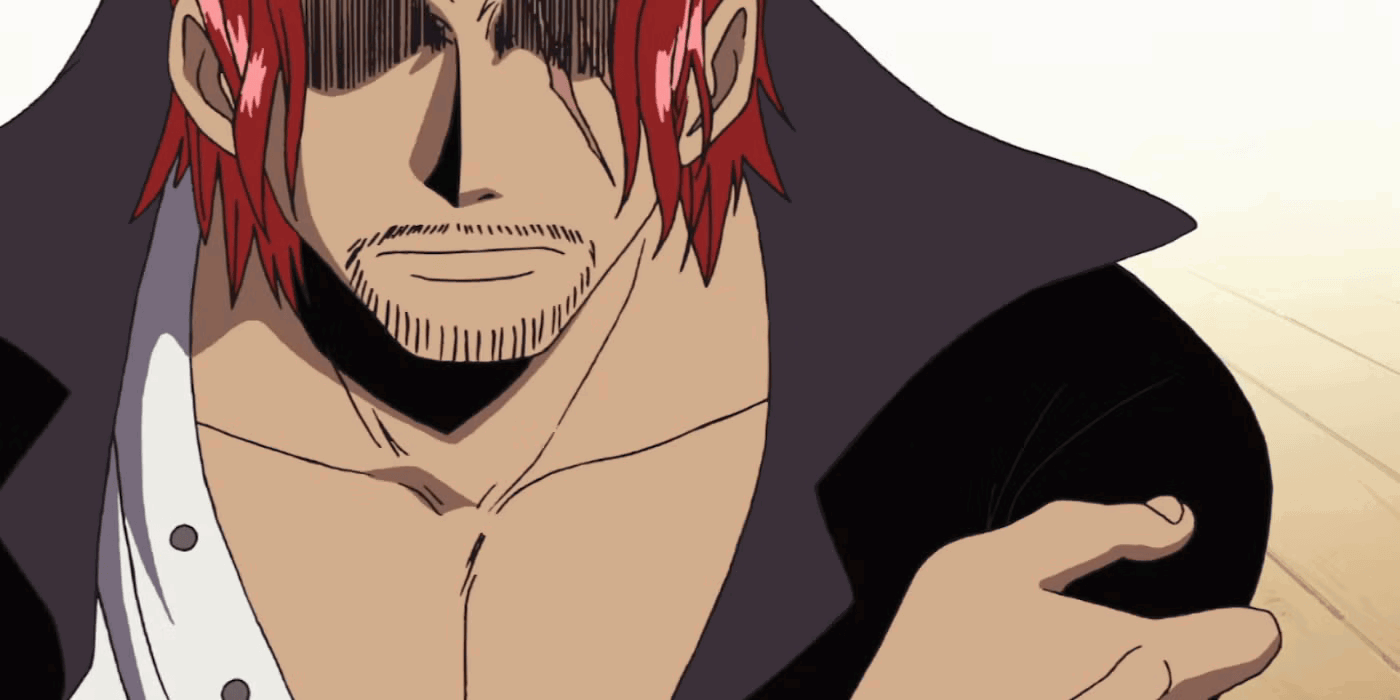 Shanks clutches his missing left arm while talking to Whitebeard in One Piece. 