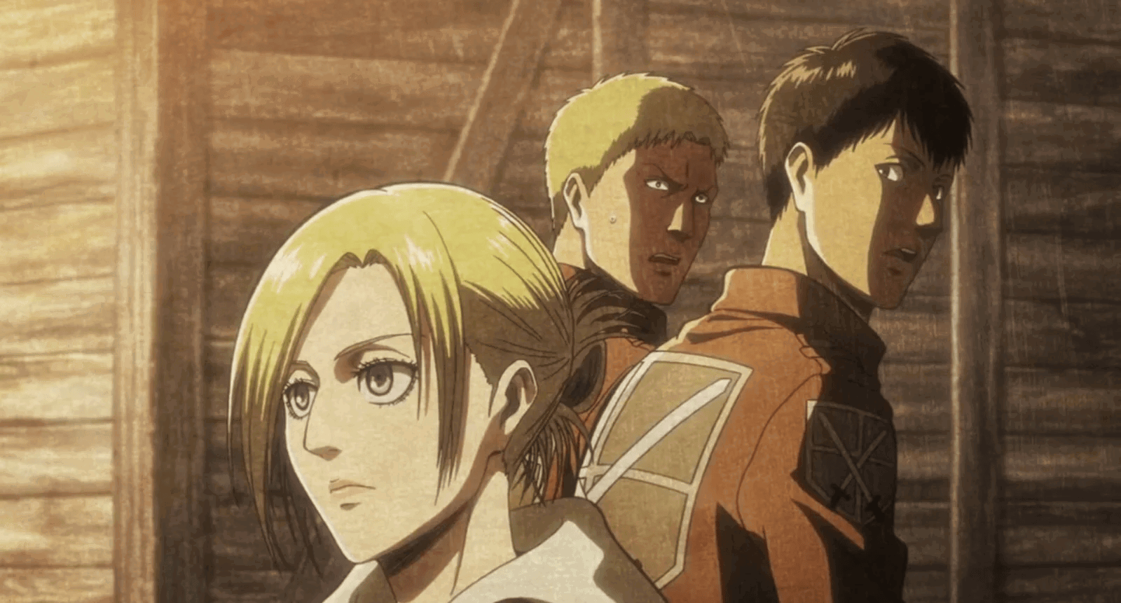 Annie, Reiner, and Berthodlt as the "distracted boyfriend" meme template in Attack on Titan. 