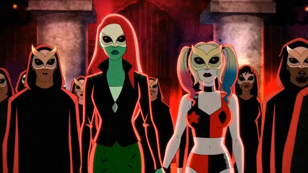 A scene from Harley Quinn animated series showing several characters with owl masks walking together, including Poison Ivy next to Harley Quinn in her red and black outfit.