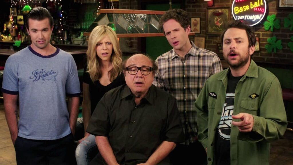 Rob McElhenney, Kaitlin Olson, Danny DeVito, Glenn Howerton, and Charlie Day in It's Always Sunny in Philadelphia