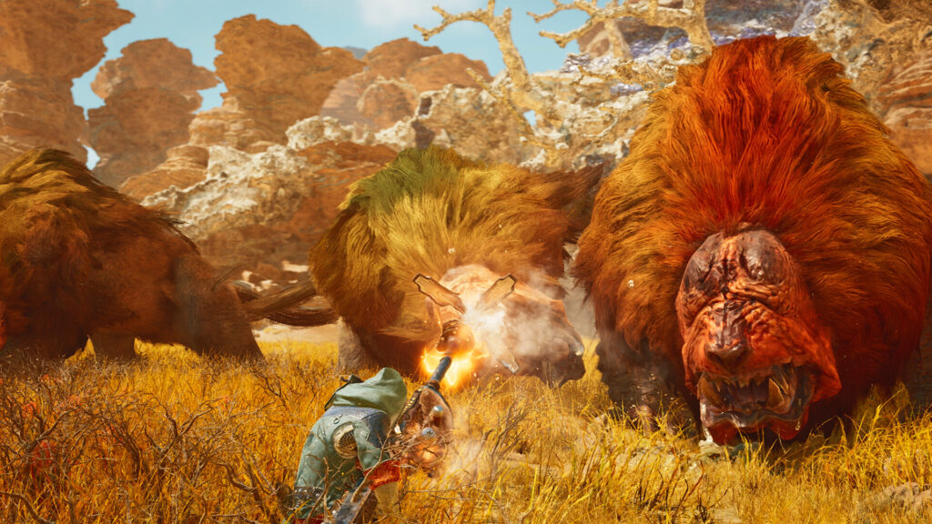 the image shows a player fighting multiple enemies in Monster Hunter Wilds