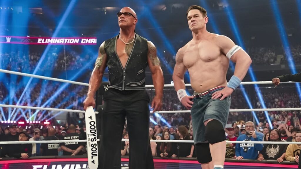 Dwyane 'The Rock' Johnson and John Cena standing inside the WWE ring