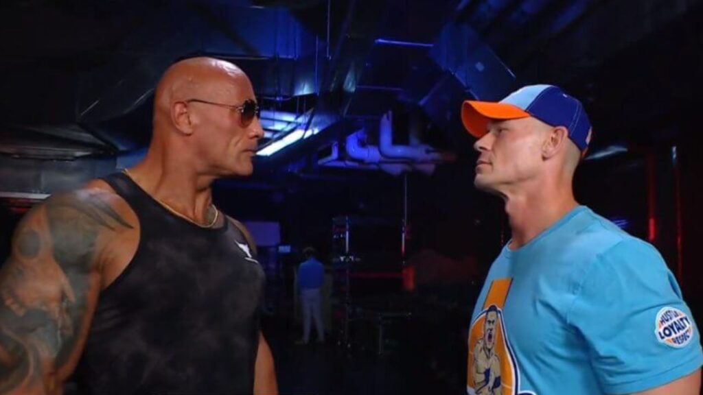 Dwyane 'The Rock' Johnson and John Cena standing and facing each other