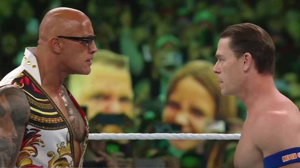 Dwyane 'The Rock' Johnson and John Cena staring each other in the WWE ring