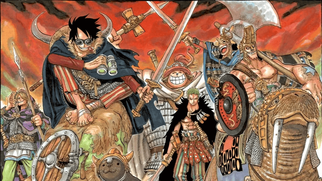 The Straw Hats in Elbaphian attire in One Piece's manga. 