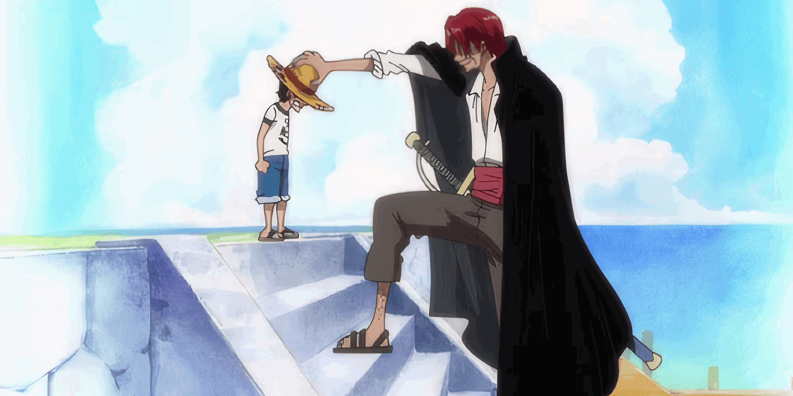 Shanks gives Luffy his straw hat in One Piece. 