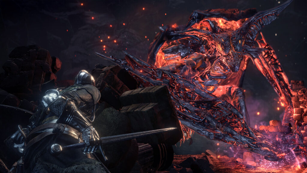 the image shows a player fighting the demon in Dark Souls 3
