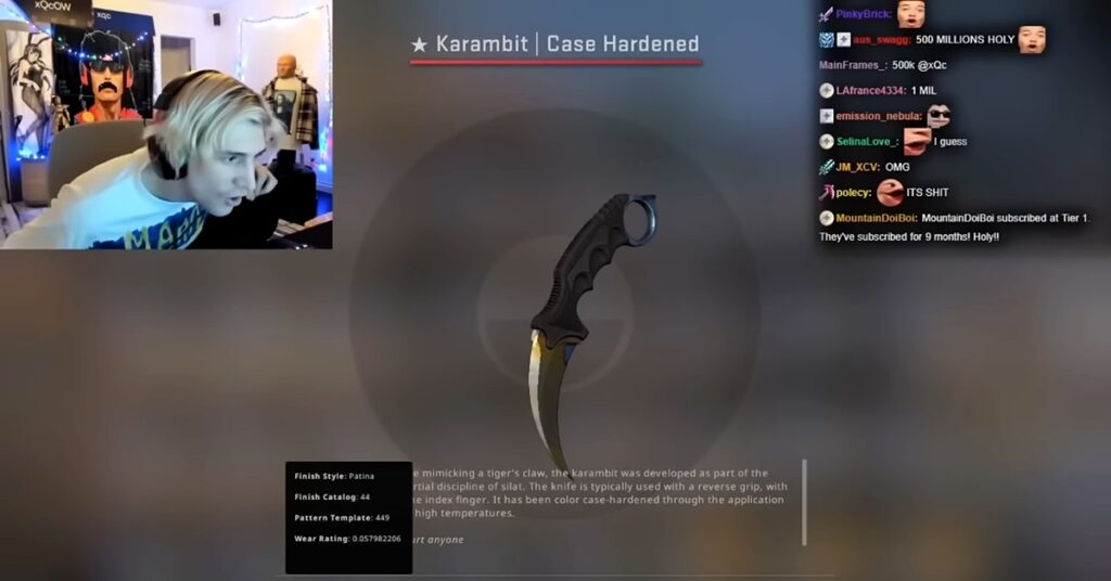 Screenshot of Twitch streamer XQC unboxing an expensive Counter-Strike 2 Karambit knife skin.