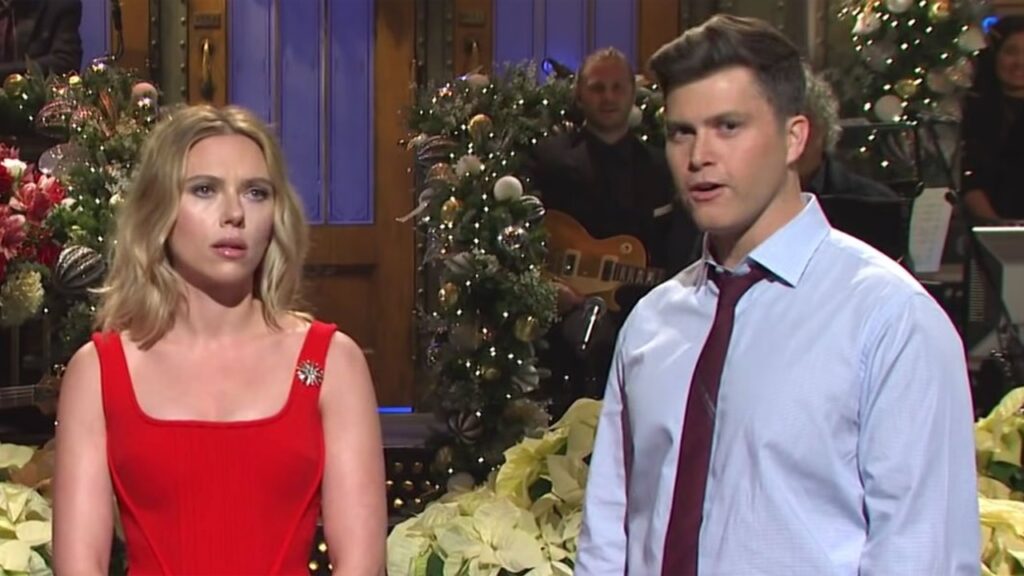 Scarlett Johansson and Colin Jost in an episode of SNL