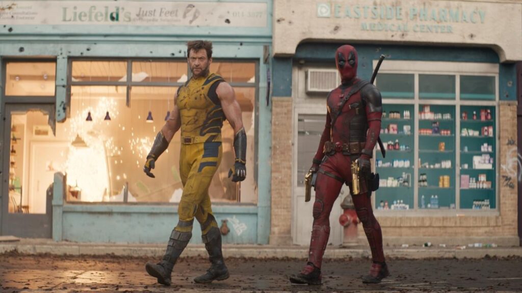 Hugh Jackman and Ryan Reynolds walking together in Deadpool & Wolverine