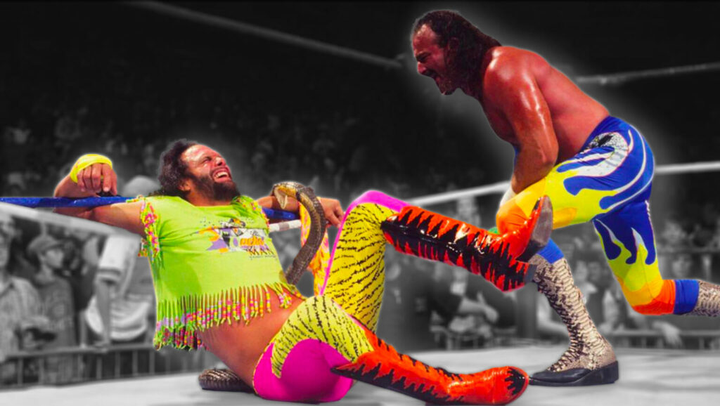 The macho Man being attacked by Jake Roberts' snake | credit- WWE