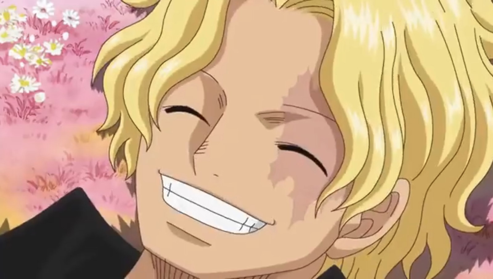 Sabo on the ground and smiling after reading news about Luffy in One Piece. 