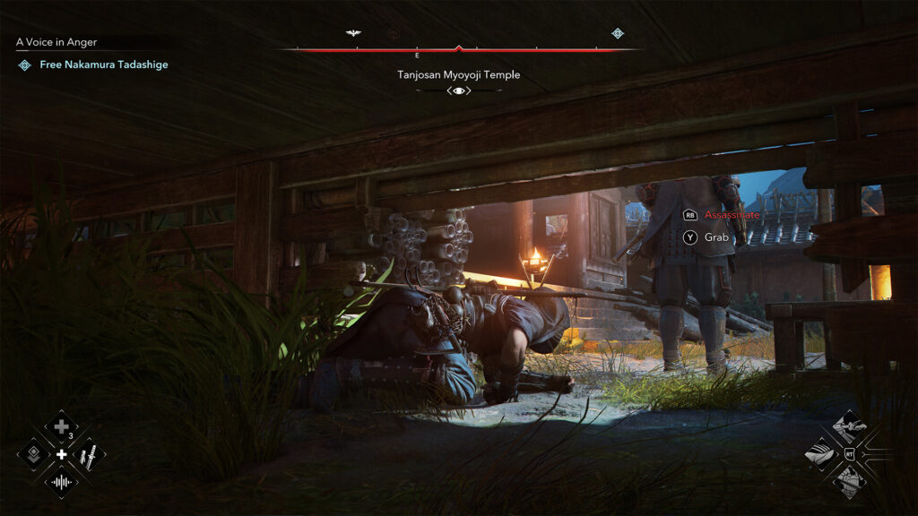 the image shows naoe's stealth gameplay from Assassin's creed shadows