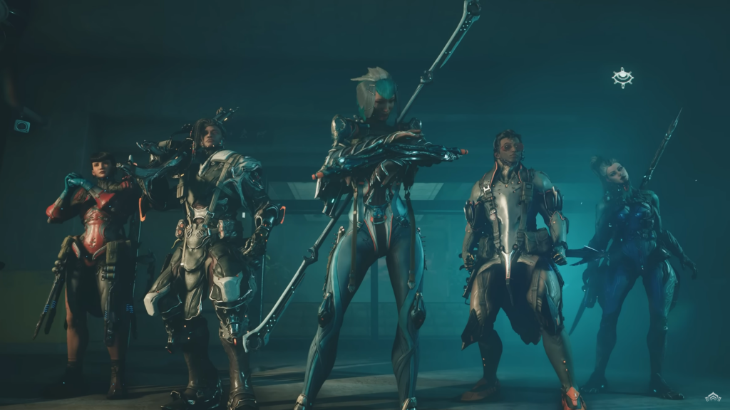 Characters posing in the Warframe 1999. 