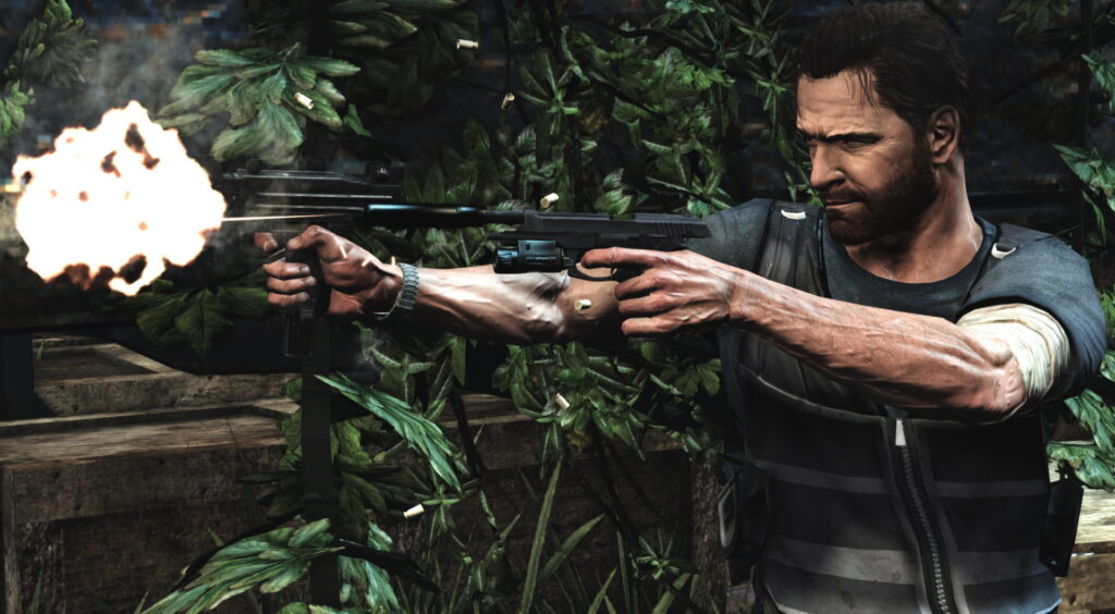 Gameplay screenshot from Max Payne 3 featuring the titular character shooting two handguns at once.