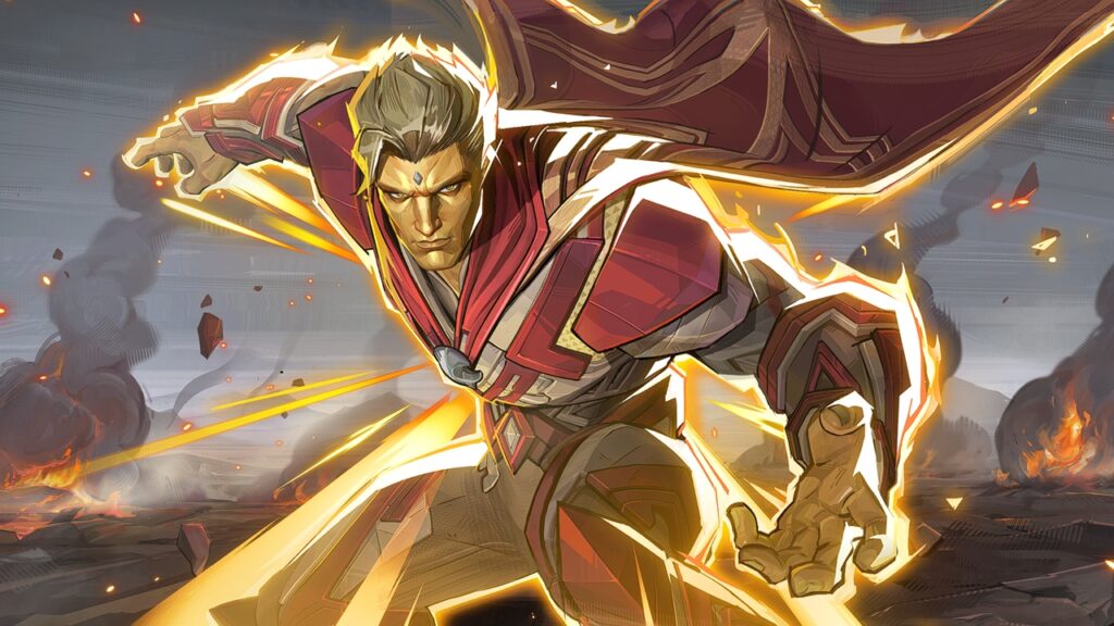 A close-up of Adam Warlock posing in his MCU Costume in Marvel Rivals.