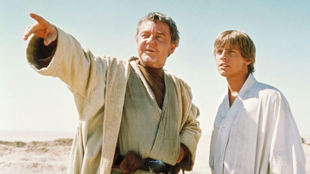 Phil Brown pointing something to Mark Hamill in Star Wars: Episode IV - A New Hope