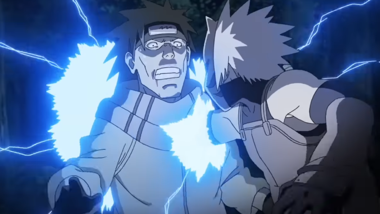 Kakashi is attacking a man who looks scared in Masashi Kishimoto’s Naruto