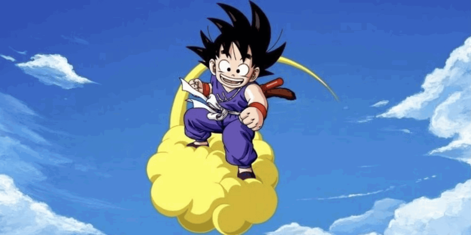 Young Goku riding the Flying Nimbus in Dragon Ball. 