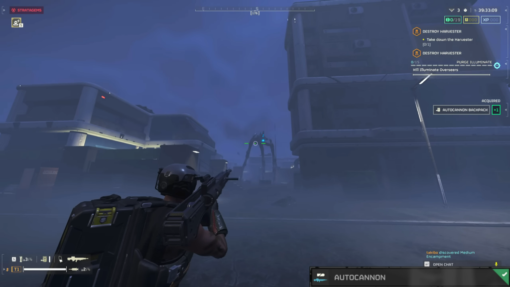 A player tries the auto cannon against the Harvester.