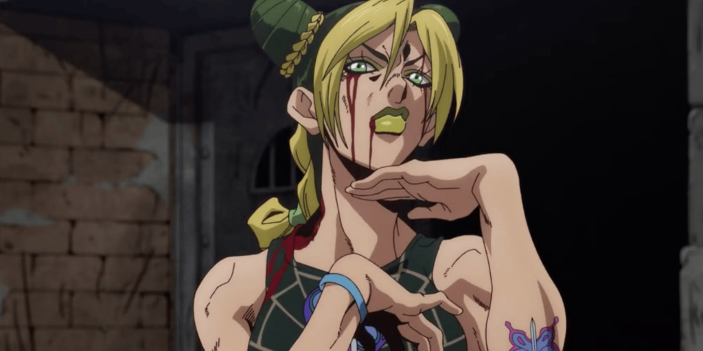 Jolyne Cujoh with blood on her in Jojo's Bizarre Adventure: Stone Ocean.