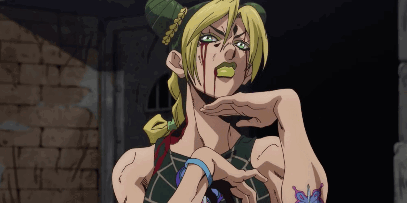 Jolyne Cujoh with blood on her in Jojo's Bizarre Adventure: Stone Ocean.