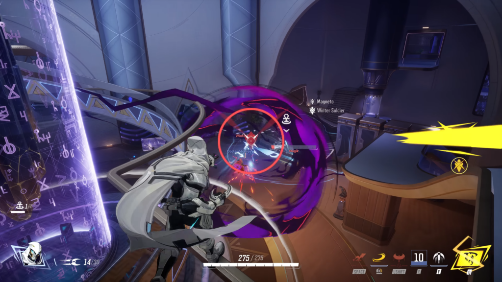 Marvel Rivals gameplay screenshot featuring Moon Knight getting a kill with his primary attack.