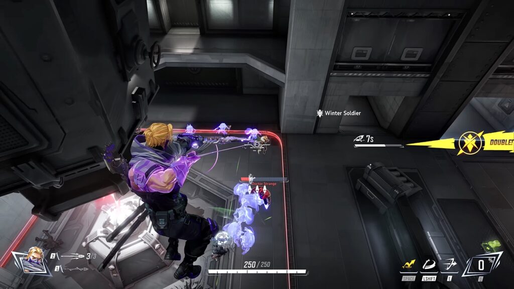 Marvel Rivals gameplay screenshot featuring Hawkeye aiming his bow.