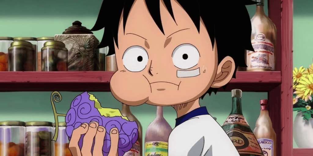 A young Luffy eats the "Gomu Gomu no Mi" in One Piece.