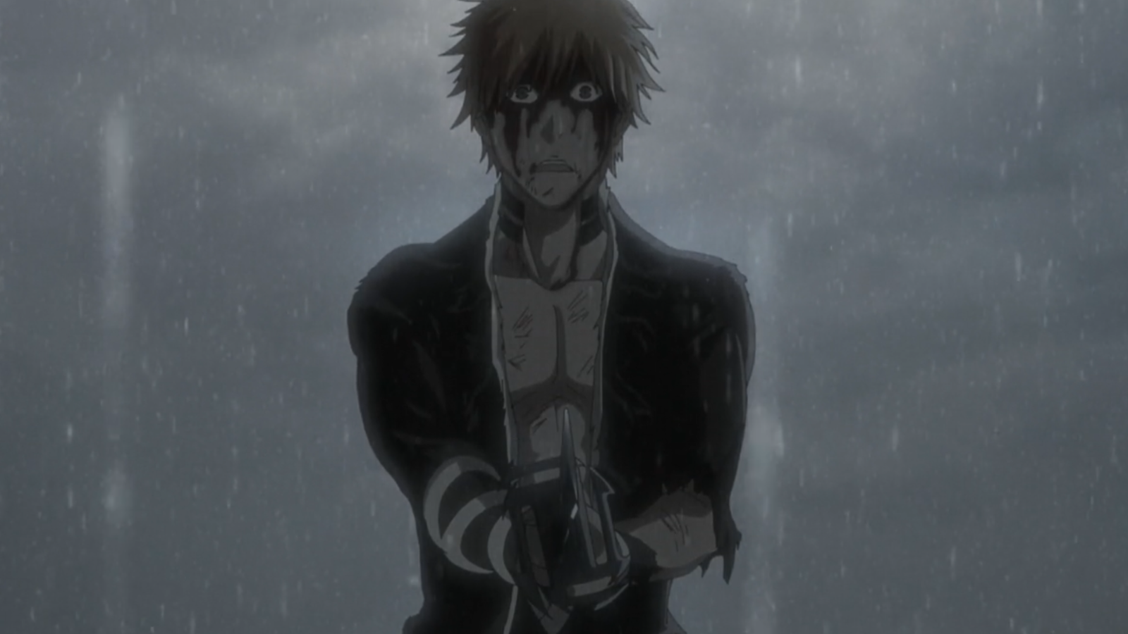 Ichigo is standing in the rain and looks devastated with blood flowing down his face in Tite Kubo’s Bleach 